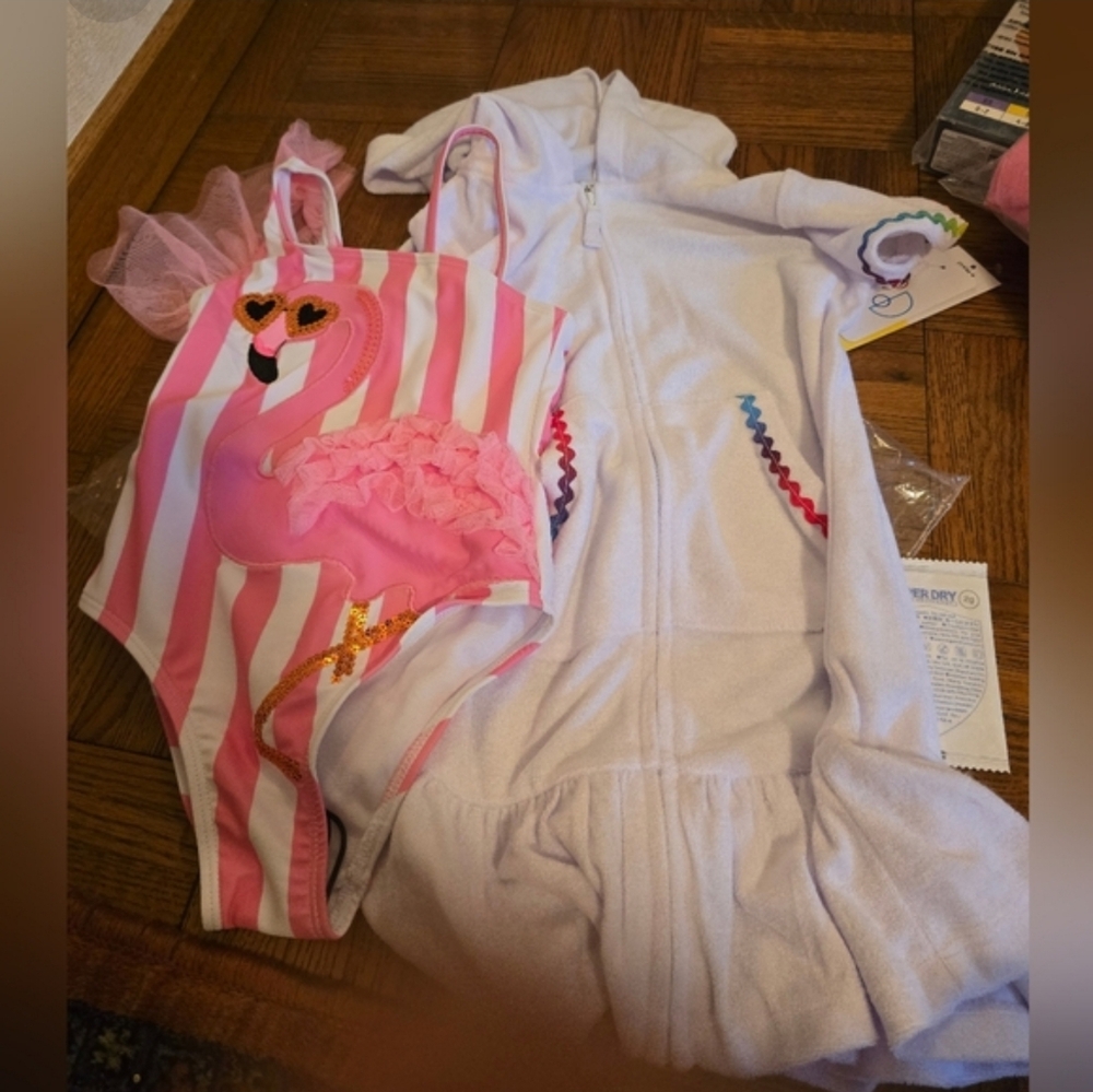 Pink and White Striped Flamingo Swimsuit